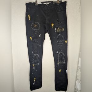 GFTD LA Los Angeles Black Jeans Men's 40x45 Distressed Paint Splatter Rhinestone